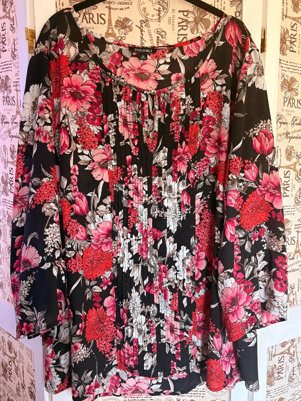Roz & Ali Black Floral Peasant Blouse with Pink and Red Flowers